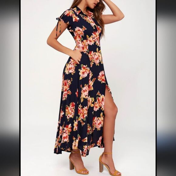 LULUS FLORAL HIGH SLIT MAXI DRESS L LARGE LIKE NEW - Picture 2 of 4